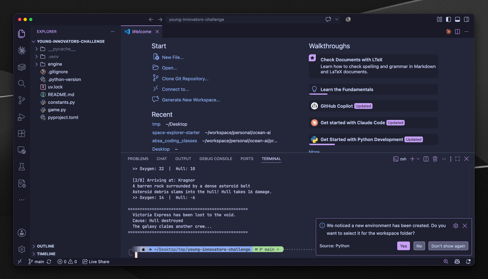 Terminal showing the game output after running uv run game.py