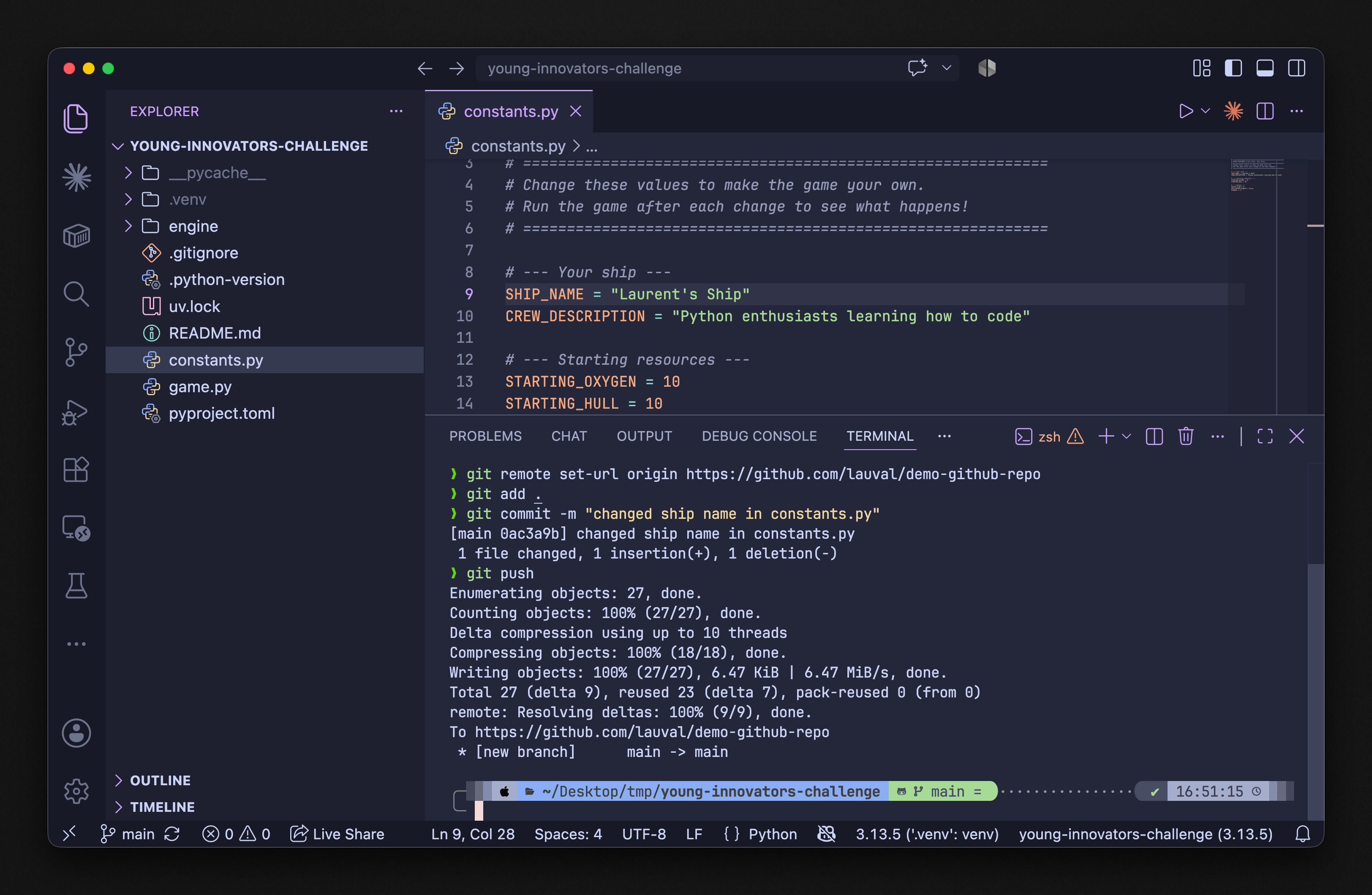 Terminal showing git add, commit, and push output