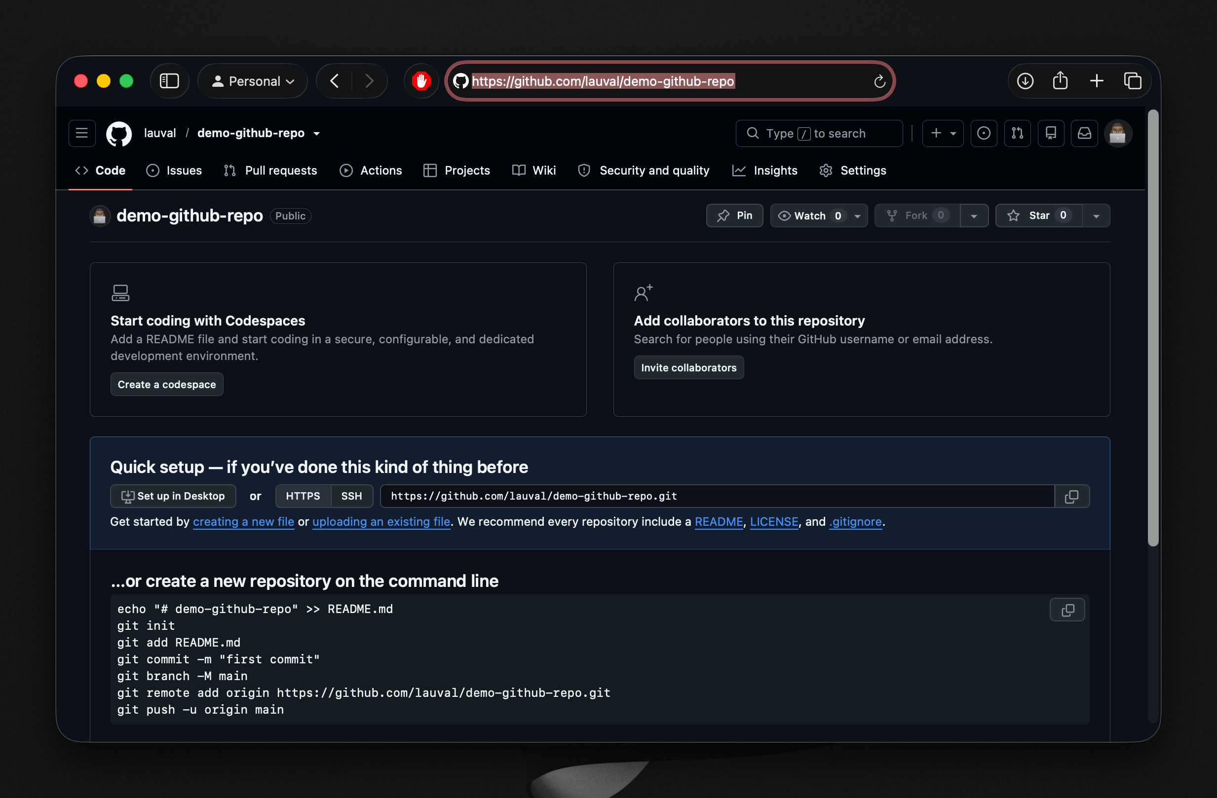 Copying the url from your newly created repo page