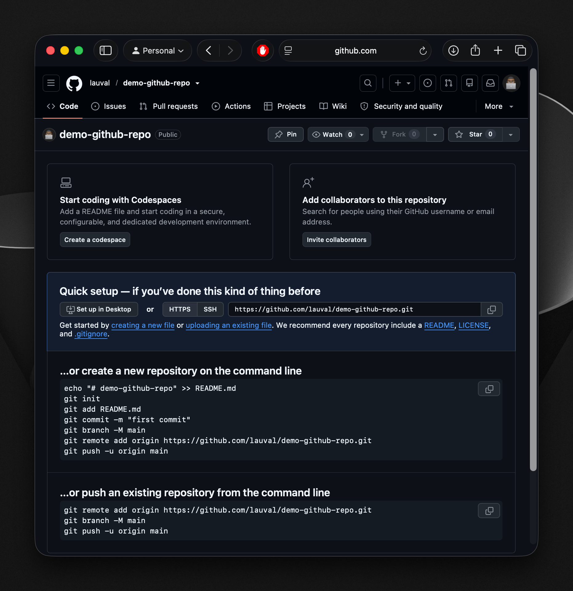 GitHub new repository page showing the repo URL