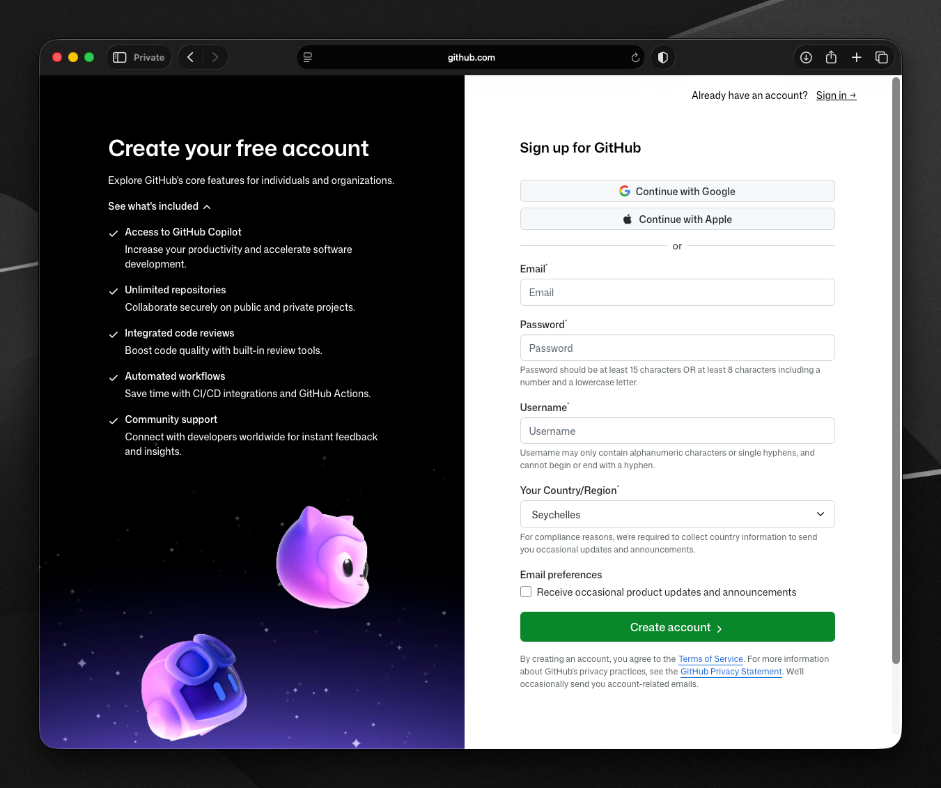 GitHub signup page