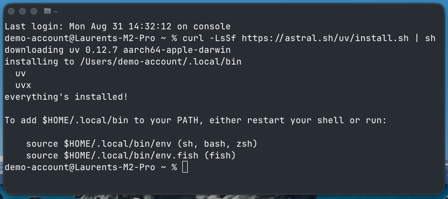 Terminal showing the uv install command output