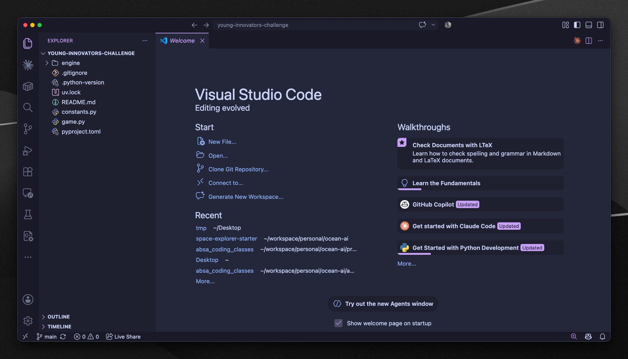 VS Code with the project folder open, showing files in the Explorer